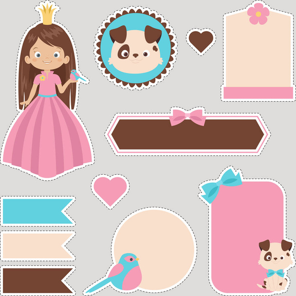 Little princess digital stickers set. Cute collection of a princess, bird, and puppy. Ready to use digital stickers for children. - Vektor, obrázek