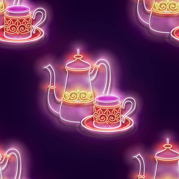 Seamless pattern with glow Metal Cups and Pot of Turkish Coffee. Cafe Label, Traditional Drink. Neon Light Texture, Signboard. Glossy Background. Vector 3d Illustration - Διάνυσμα, εικόνα