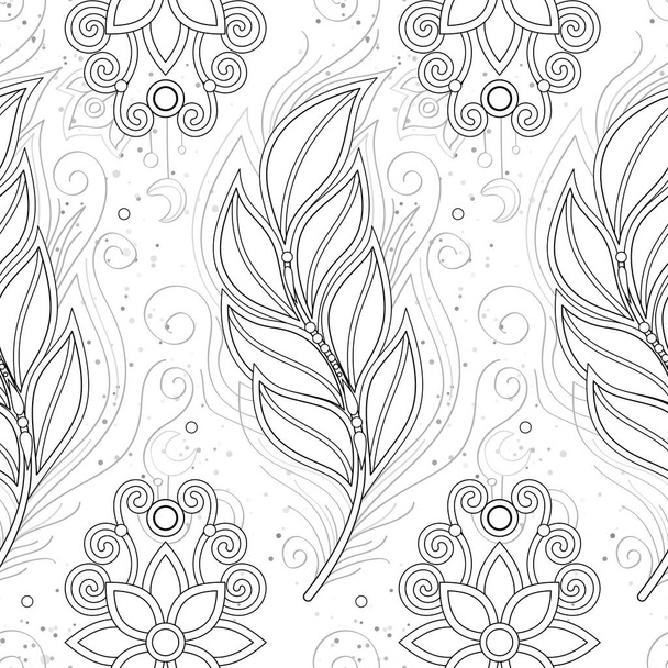 Seamless Aesthetic Pattern with Mystical Cosmic Feather and Flowers on White. Aesthetic Object with Oriental Stylization. Futuristic Dreaming Concept. Vector Contour Illustration. Coloring Book Page - Vektor, Bild
