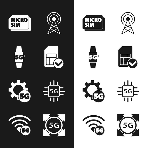 Definir cartão SIM, relógio inteligente rede 5G, Micro Card, Antena, Configuração, Processador e ícone. Vetor - Vetor, Imagem