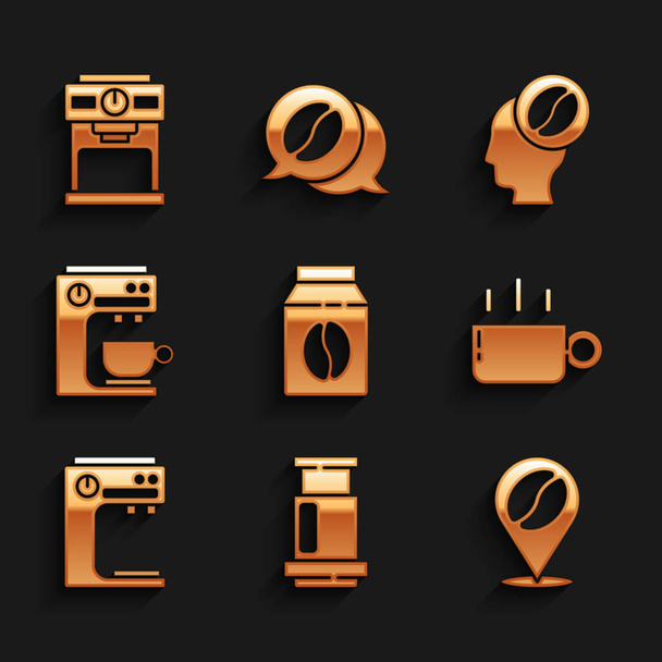 Set Bolsa de granos de café, Aeropress, Ubicación con, taza de café, máquina, Barista e icono. Vector - Vector, imagen