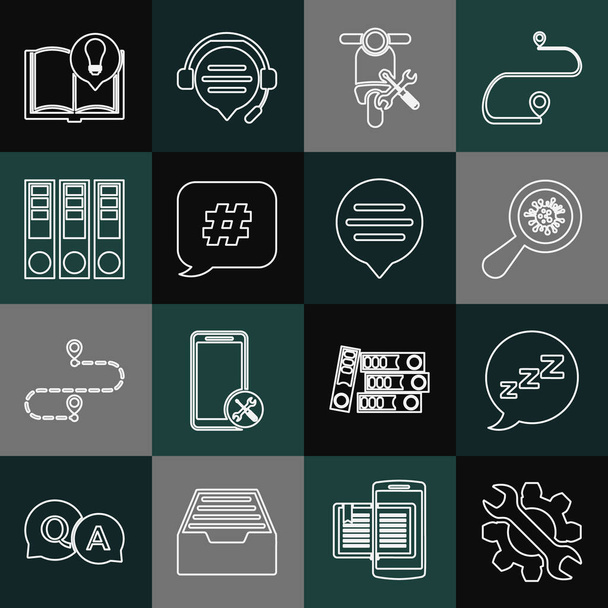 Set line Wrench and gear, Speech bubble with snoring, Microorganisms under magnifier, Scooter service, Hashtag speech, Office folders, Interesting facts and chat icon. Vector - Vector, Image