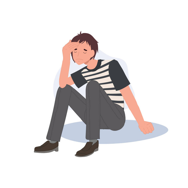 Concepto de tristeza y soledad. Hombre preocupado sentado solo con tristeza, ansiedad y pensamientos problemáticos. ilustración de dibujos animados vector plano - Vector, Imagen