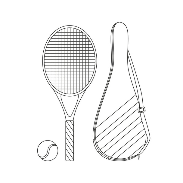 Racket and ball for big tennis, cover for tennis rackets. Various Sport equipment. Fitness inventory, gym accessories. Line art. Flat vector illustration isolated on white background. - Vector, Image
