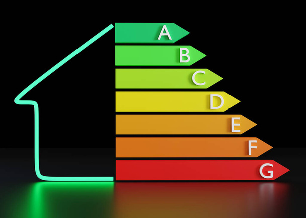 Gráfico de eficiencia energética y casa sobre fondo negro. Hogar ecológico y bioenergético. Clase de energía, certificado de rendimiento, gráfico de calificación. Ecológico, ahorro de energía. renderizado 3d - Foto, imagen