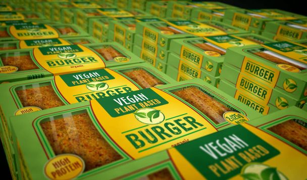 Линия по производству веганских бургеров из экологически чистых продуктов питания. Вегетарианский гамбургер экологически чистый завод упаковки еды. Абстрактная концепция 3D рендеринга. - Фото, изображение