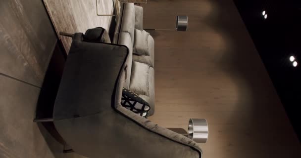 Modernes minimalistisches Wohnzimmer mit grauen Möbeln und Holzwand. Luxuriöses modernes Haus mit Ecksofa, Stühlen. Minimalistisches Home Interior. Immobilien Privathaushalt.Vertikales Video - Filmmaterial, Video