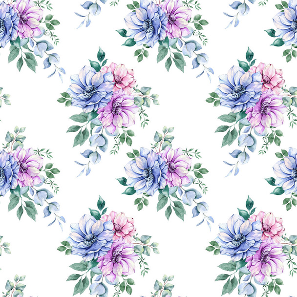 Elegant floral Seamless pattern with watercolor anemone flowers and greenery. Seamless floral background in pink, blue and purple colors - Foto, imagen