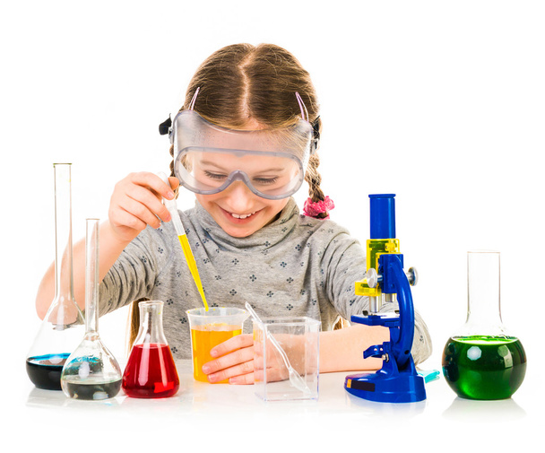 Girl with flasks for chemistry - Foto, imagen
