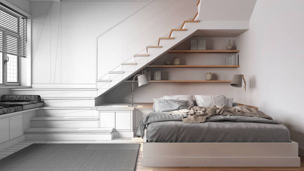 Mimar iç mimar konsepti: elle çizilmiş tamamlanmamış proje gerçek, ahşap yatak odası haline geliyor. Yatak, asgari merdiven ve pencereler. İskandinav tarzı - Fotoğraf, Görsel