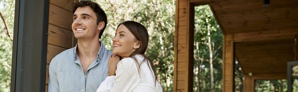 banner, happy man and beautiful woman in white sundress, summer house, couple on vacation, lifestyle - Photo, Image
