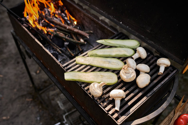 Високий кут зору на овочі, що готуються на барбекю під час пікніка на відкритому повітрі, смачна їжа та харчування - Фото, зображення