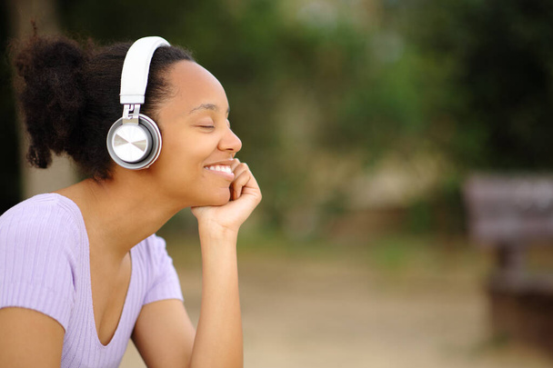 Happy black woman relaxing listening audio with headphone and closed eyes in a park - Photo, Image