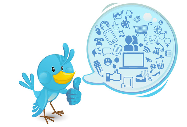 Médias de réseautage social Bluebird avec une bulle vocale Thumbs Up
 - Vecteur, image