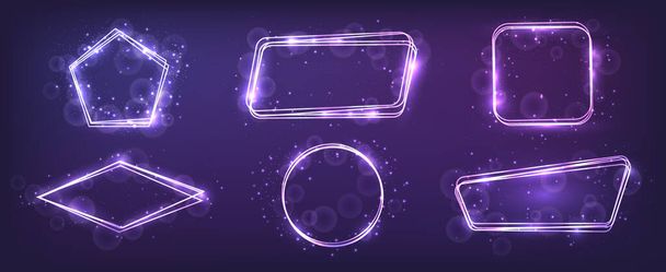 Set of six neon frames in different geometric forms with shining effects and sparkles on dark background. Empty glowing techno backdrop. Vector illustration - Vektori, kuva