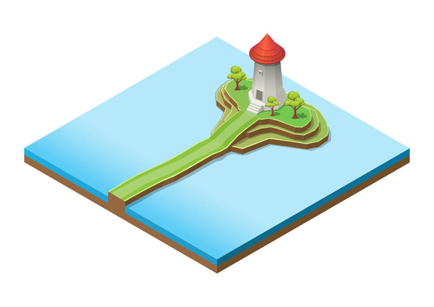 isometric cute lighthouse tower building on island - Vector, Image