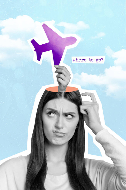 Vertical creative composite 3d photo collage of minded thoughtful woman thinking planning vacation isolated on blue color background. - 写真・画像