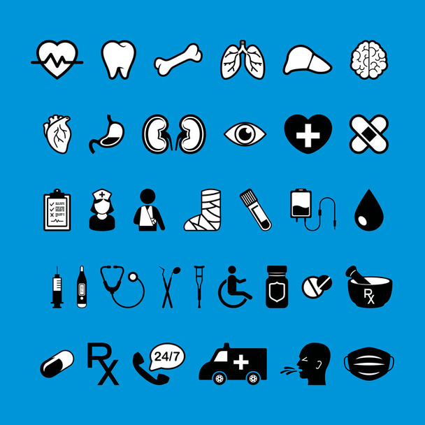 Schwarz-weiß Medizin und Gesundheitswesen viele Symbole gesetzt Vektor. Symbole für Medizin und Gesundheitswesen isoliert auf blauem Hintergrund. Grafisches Gestaltungselement für medizinische Geräte im Krankenhaus - Vektor, Bild