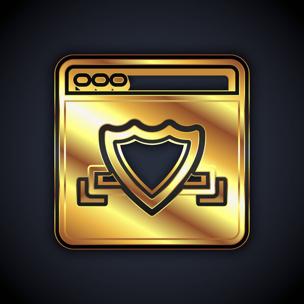 Gold Browser met schild pictogram geïsoleerd op zwarte achtergrond. Beveiliging, veiligheid, bescherming, privacy concept. Vector - Vector, afbeelding