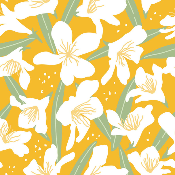 Seamless patterns with white oleander flowers and leaves on yellow background. Hand drawn tropical plants for textile, fabric, cover, wrapping paper - Vetor, Imagem