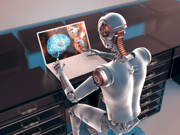 Ilustração 3D de um robô humanoide estudando cérebro humano e DNA com um laptop, destacando a aplicação da inteligência artificial em ciência, medicina e estudos genéticos humanos. - Foto, Imagem
