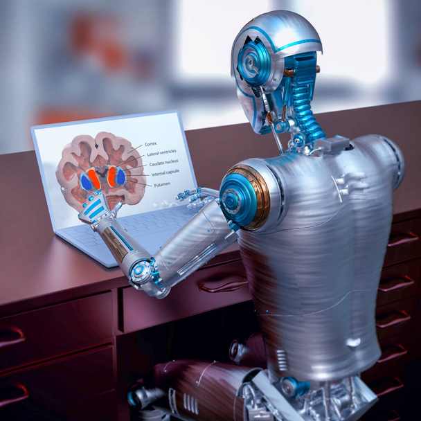 3D ilustracja humanoidalnego robota badającego ludzki mózg z laptopem, podkreślająca zastosowanie sztucznej inteligencji w nauce i medycynie. - Zdjęcie, obraz