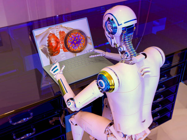 3D ilustracja humanoidalnego robota badającego ludzkie płuca i wirusy infekujące układ oddechowy laptopem, podkreślająca zastosowanie sztucznej inteligencji w nauce i medycynie. - Zdjęcie, obraz