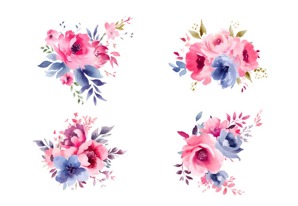 Een set bloemtakken. Bloem roze roos, groene bladeren. Bruiloft concept met bloemen. Bloemenposter, uitnodiging. Vectorconstructies - Vector, afbeelding
