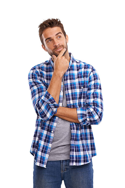 Thinking, memory and a man with a plan and emotion isolated on transparent png background. Serious, confused and a male creative designer with ideas, doubt and problem solving with expression. - Photo, image