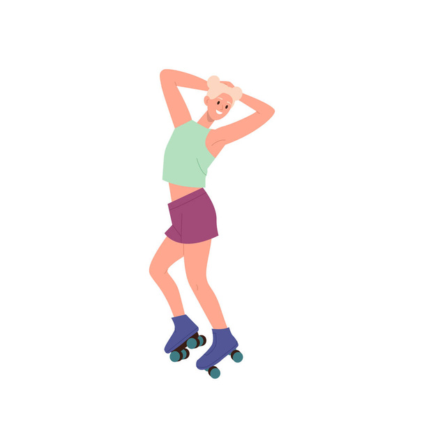 Mujer joven activa personaje de dibujos animados patinaje ilustración vector aislado sobre fondo blanco. Estilo libre callejero, ejercicio de recreación saludable, deporte y pasatiempo durante el concepto de vacaciones de verano - Vector, Imagen