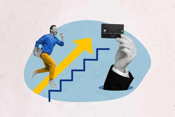 Collage illustration of senior businessman running climb upstairs graphic arrow rise salary income debit card isolated on blue background. - Valokuva, kuva