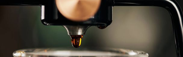 крупным планом вид ароматного эспрессо, капающего с сифона кофеварка, размытый передний план, баннер - Фото, изображение