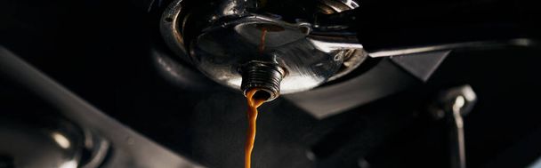 coffee extraction, black coffee, espresso dripping from professional coffee machine, aroma, banner  - Valokuva, kuva