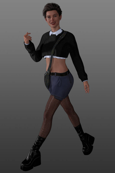 3D візуалізація молодого жіночого персонажа з коротким волоссям, в повсякденному вбранні. Міське фентезі, Молодий дорослий персонаж. - Фото, зображення
