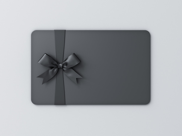 Üres fekete ajándék névjegykártya fekete szalaggal íj elszigetelt fehér szürke háttér árnyék minimális koncepció 3D renderelés - Fotó, kép