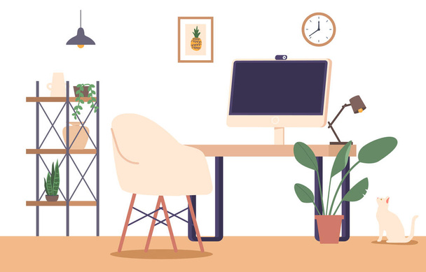 Functional Workspace With Desk And Computer. Ideal For Productivity, Studying, Or Remote Work, Providing A Comfortable And Efficient Environment For Tasks And Digital Activities. Vector Illustration - Vector, Image