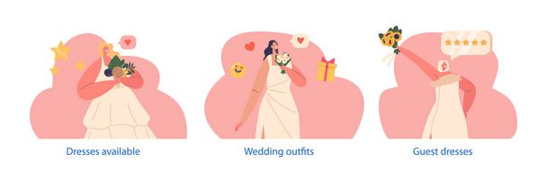 Elszigetelt elemek menyasszony karakterek viselni elegáns ruhák Esküvő napján, ruhák tükrözik a személyes stílus és létrehozása emlékezetes menyasszonyi megjelenés. Rajzfilm emberek vektor illusztráció - Vektor, kép
