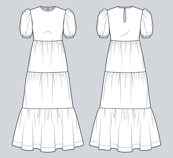 Puff Sleeve Maxi Dress technikai divat illusztráció. Tiered Dress divat lapos műszaki rajz sablon, nyugodt illeszkedés, elölről és hátulról, fehér, nők CAD mockup készlet. - Vektor, kép