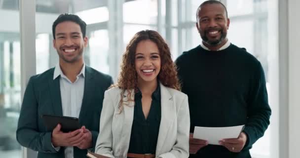 Śmiech, zespół i twarz ludzi biznesu w pracy do współpracy korporacyjnej lub różnorodności. Szczęśliwy, razem i portret pracowników w biurze do pracy zespołowej, partnerstwa lub pracowników firmy. - Materiał filmowy, wideo