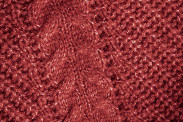 Macro Abstract Wool. Vintage Woven Pattern. Cotton Jacquard Xmas Background. Weave Knitted Wool. Red Fiber Thread. Nordic Winter Blanket. Linen Cloth Material. Knitted Fabric. - Foto, Bild