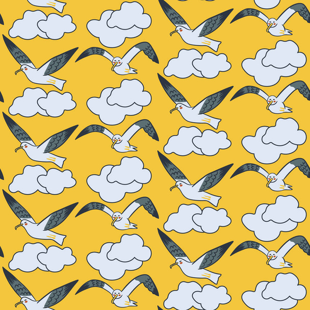 Funny cartoon seagulls patternon yellow background. Hand drawn vector flat flying sea birds with clouds. Suitable for kids textile, wallpaper, wrapping, background, interior decoration - Vektor, obrázek