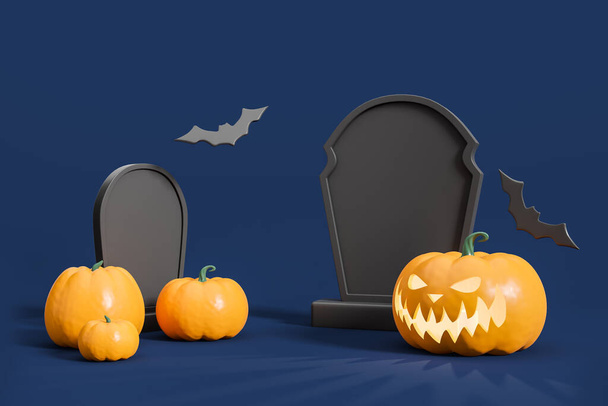 Jack lantern and mockup copy space black tomb, candles at graveyard. Black bats flying on dark blue background. Concept of halloween. 3D rendering - Foto, immagini