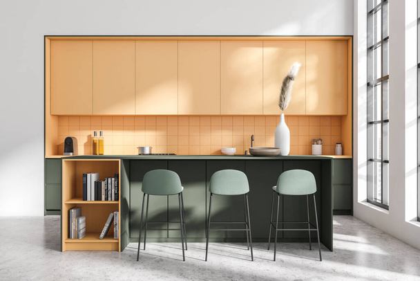 Moderní kuchyňský interiér s barovými židlemi a ostrovem, světle šedá betonová podlaha. Kuchyňské s dekorací. Vaření s panoramatickým oknem na město. 3D vykreslování - Fotografie, Obrázek