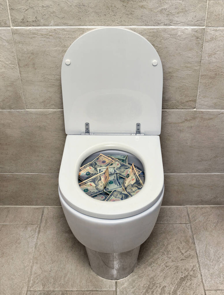 Dollars in toilet bowel - 写真・画像
