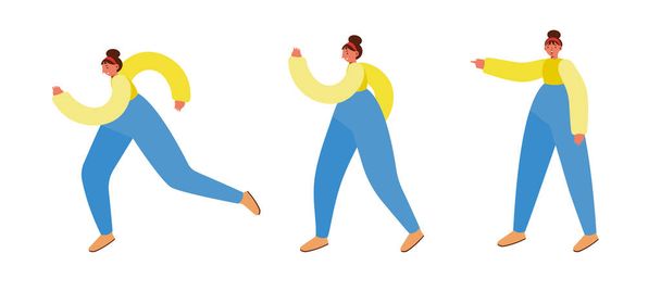 3 poses de marche d'une femme, points avec sa main, marche, courir. Porter une chemise et un pantalon à manches longues, proportions déformées. Illustration vectorielle. - Vecteur, image