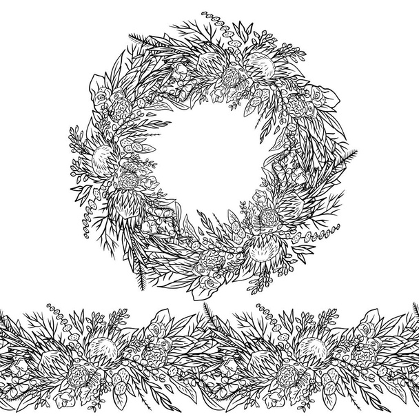Monochrome seamless brush and wreath with tropical protea flowers and eucalyptus. Boho floral repeating horizontal border. - ベクター画像