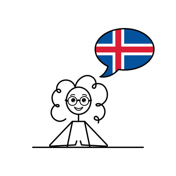 Isländisch sprechendes Cartoon-Mädchen mit Sprechblase in isländischen Farben, weiblicher Charakter, der isländische Vektor-Illustration lernt, schwarze Linie einfache Skizze - Vektor, Bild