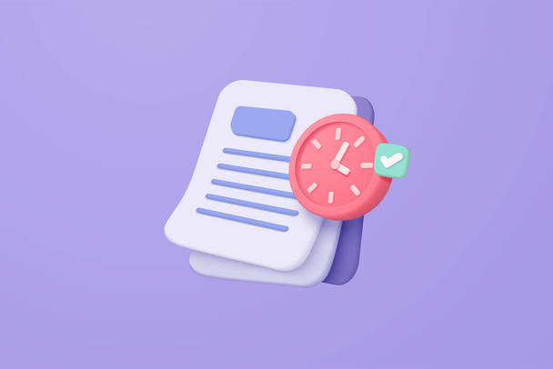 3D minimal document with clock alert on purple background - Vector, Image