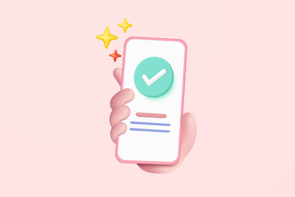 3d check mark icon isolated on mobile phone in holding hand. check list button best choice for right, success, tick, accept, agree on application. 3d mark icon vector with shadow render illustration - Vetor, Imagem