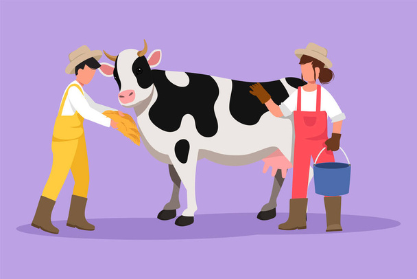 Cartoon platte stijl tekening vrouwelijke boer staande en wrijven de koe terwijl het dragen van emmer water. De mens voedt boerderijdieren met gras of hooi. Succesvolle landbouw. Grafisch ontwerp vector illustratie - Vector, afbeelding